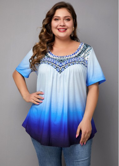 Women&apos;S Blue Ombre Dip Dye Plus Size Blouse Printed Short Sleeve Tunic Casual Top By Rosewe - 0X