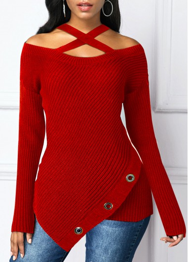 Rosewe Cross Strap Asymmetric Hem Cold Shoulder Sweater - XL