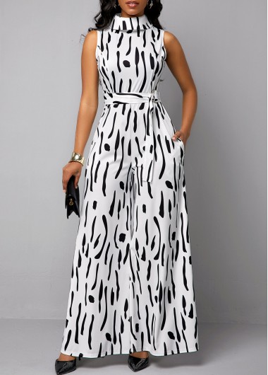 Women&apos;S White Sleeveless Mock Neck Wide Leg Casual Jumpsuit Black And White Contrast Panel Ankle Length Jumpsuit By Rosewe - 12