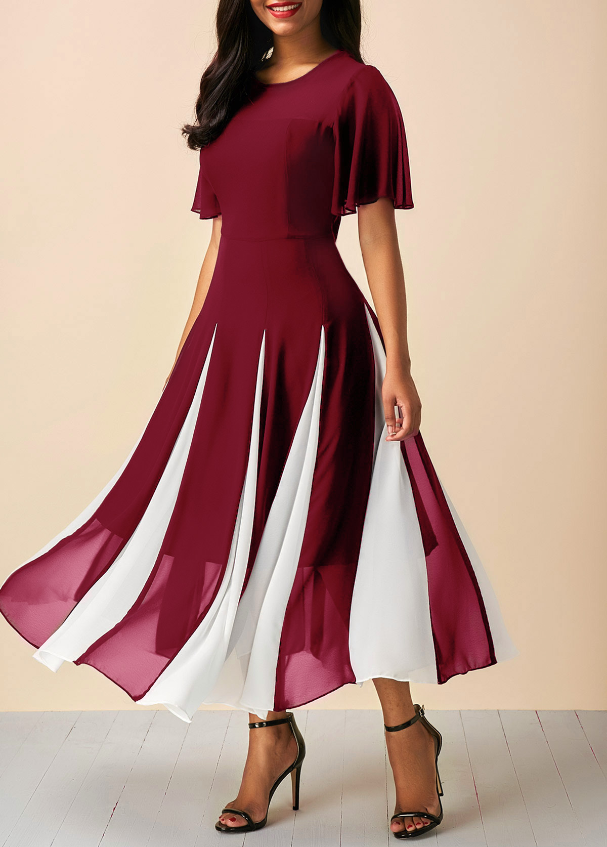 Wine Red Round Neck Short Sleeve Chiffon Dress