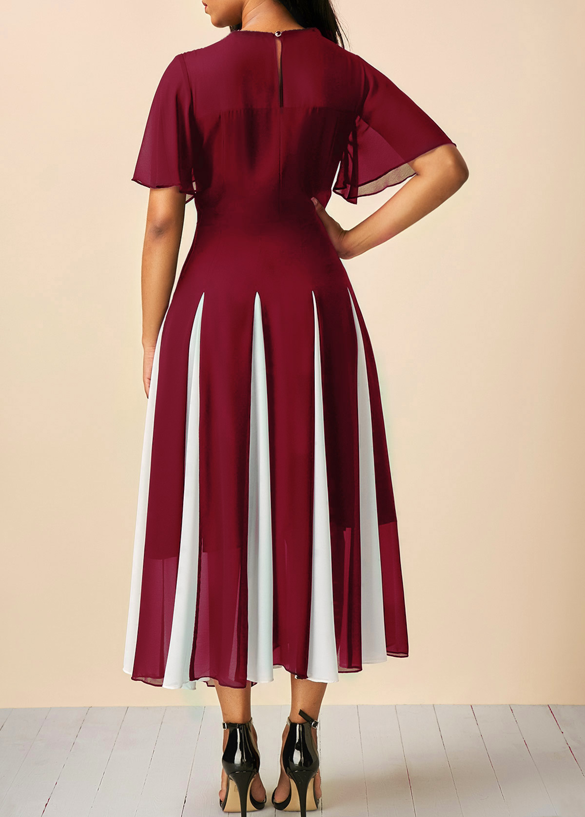 Wine Red Round Neck Short Sleeve Chiffon Dress