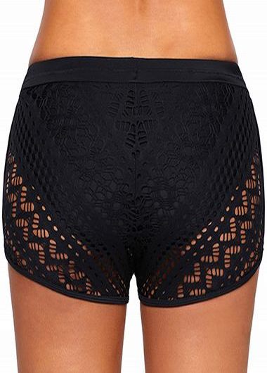 Black Lace Panel High Waist Swimwear Shorts    