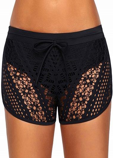 Black Lace Panel High Waist Swimwear Shorts    