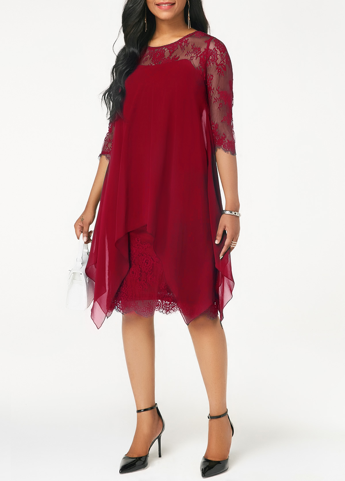 Chiffon Overlay Wine Red Three Quarter Sleeve Lace Dress