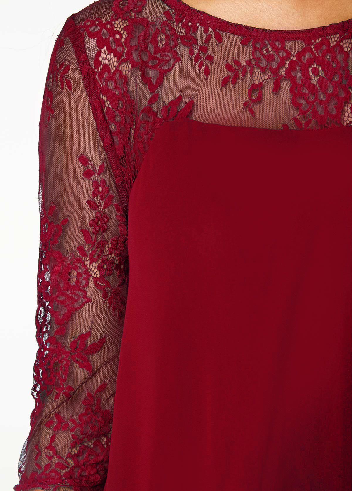 Chiffon Overlay Wine Red Three Quarter Sleeve Lace Dress