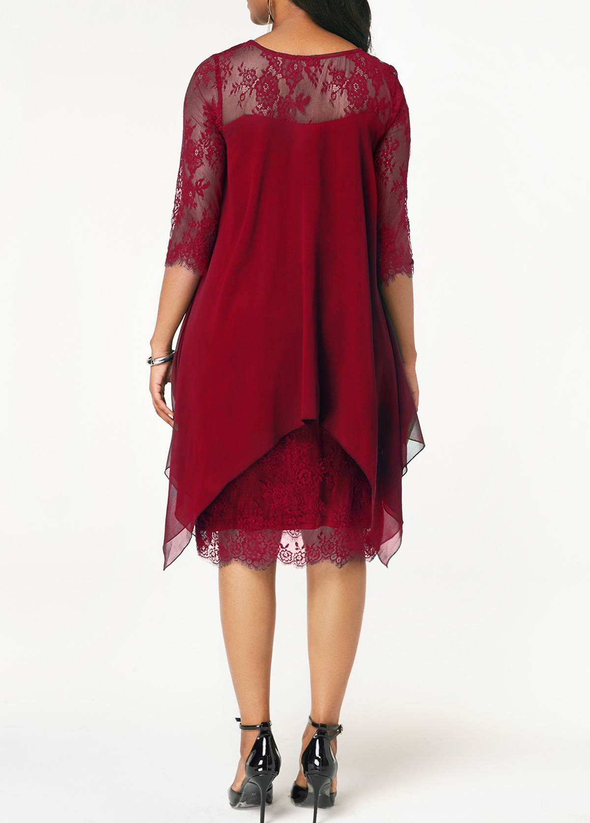 Chiffon Overlay Wine Red Three Quarter Sleeve Lace Dress