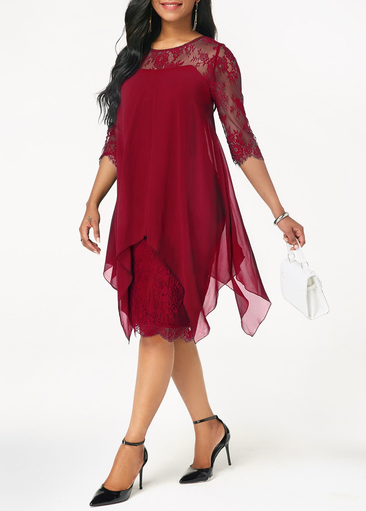 Chiffon Overlay Wine Red Three Quarter Sleeve Lace Dress