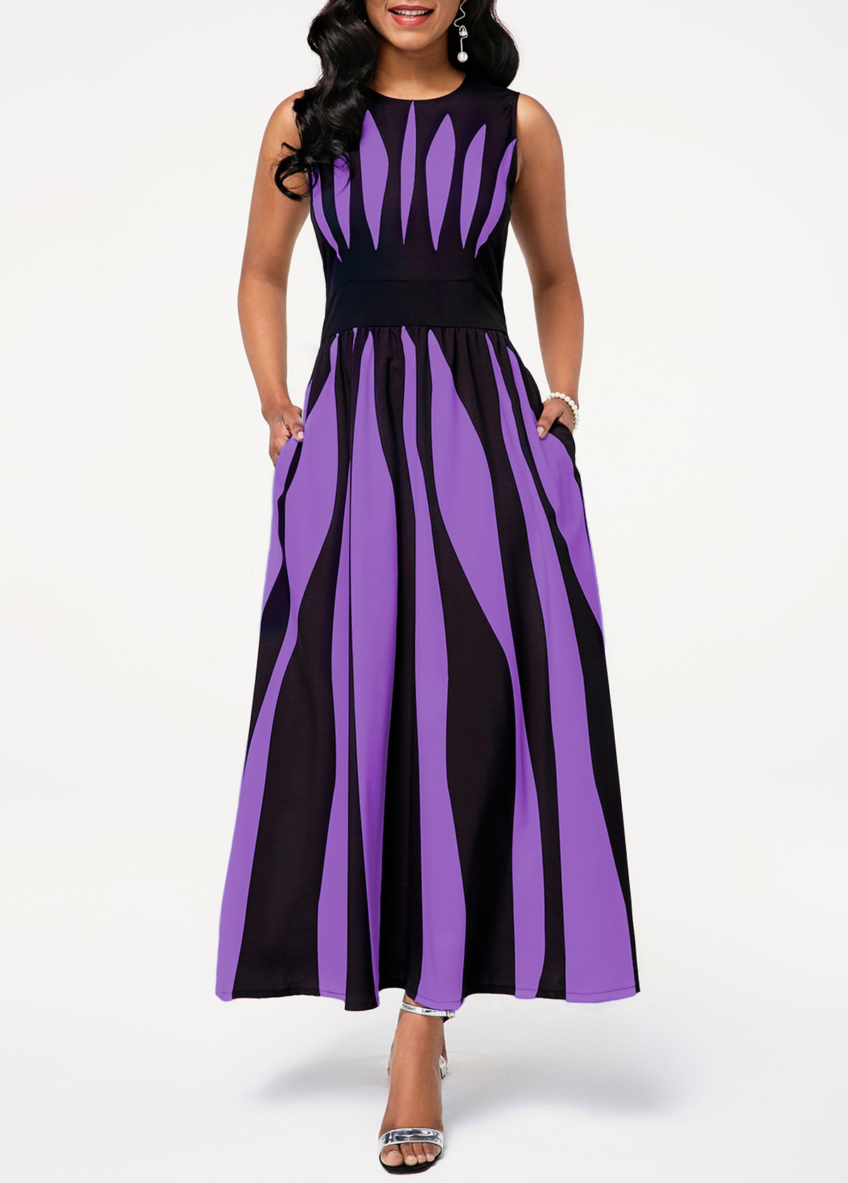Round Neck Stripe Print Pocket Dress