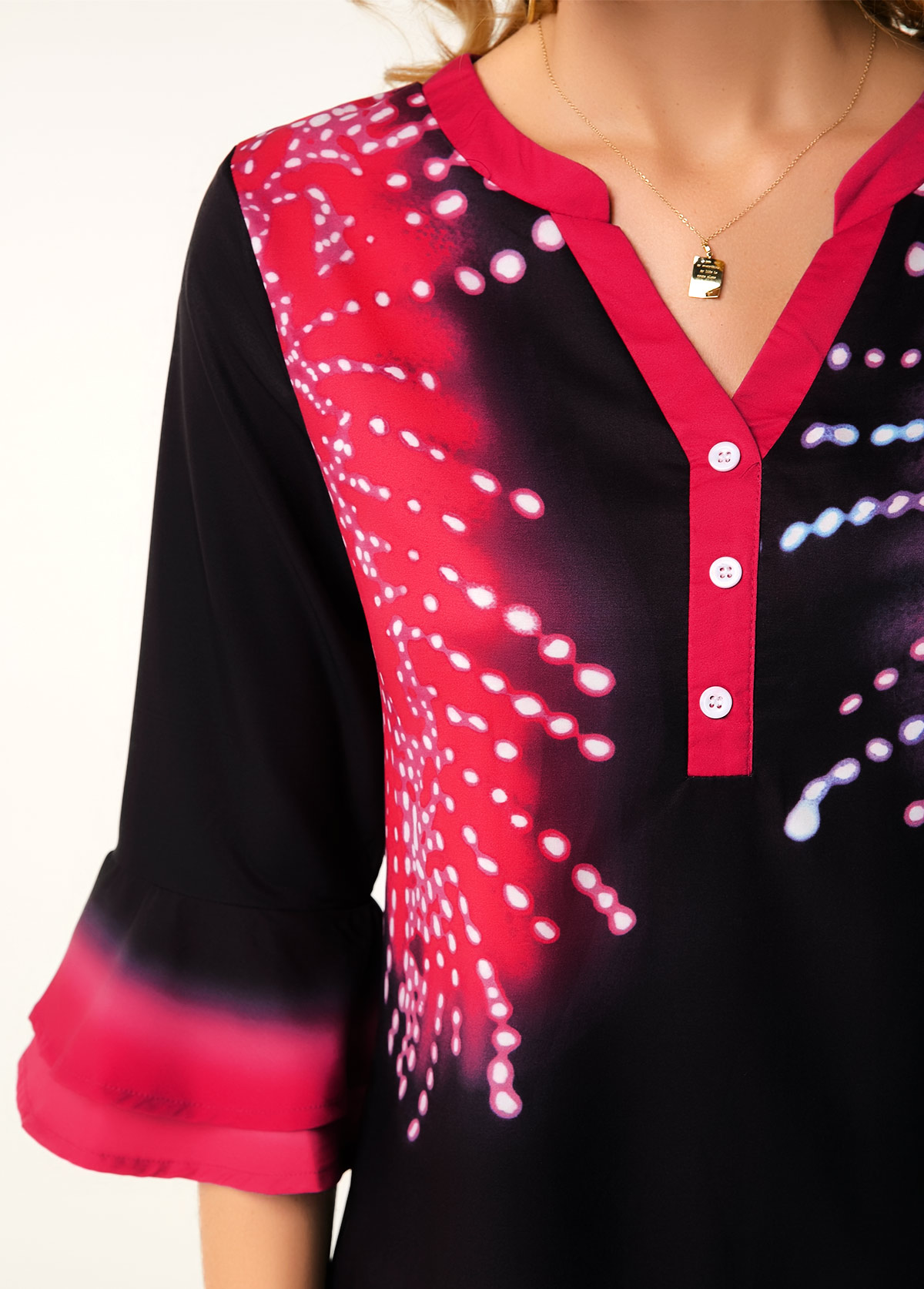 Printed Split Neck Flare Cuff Button Detail Blouse