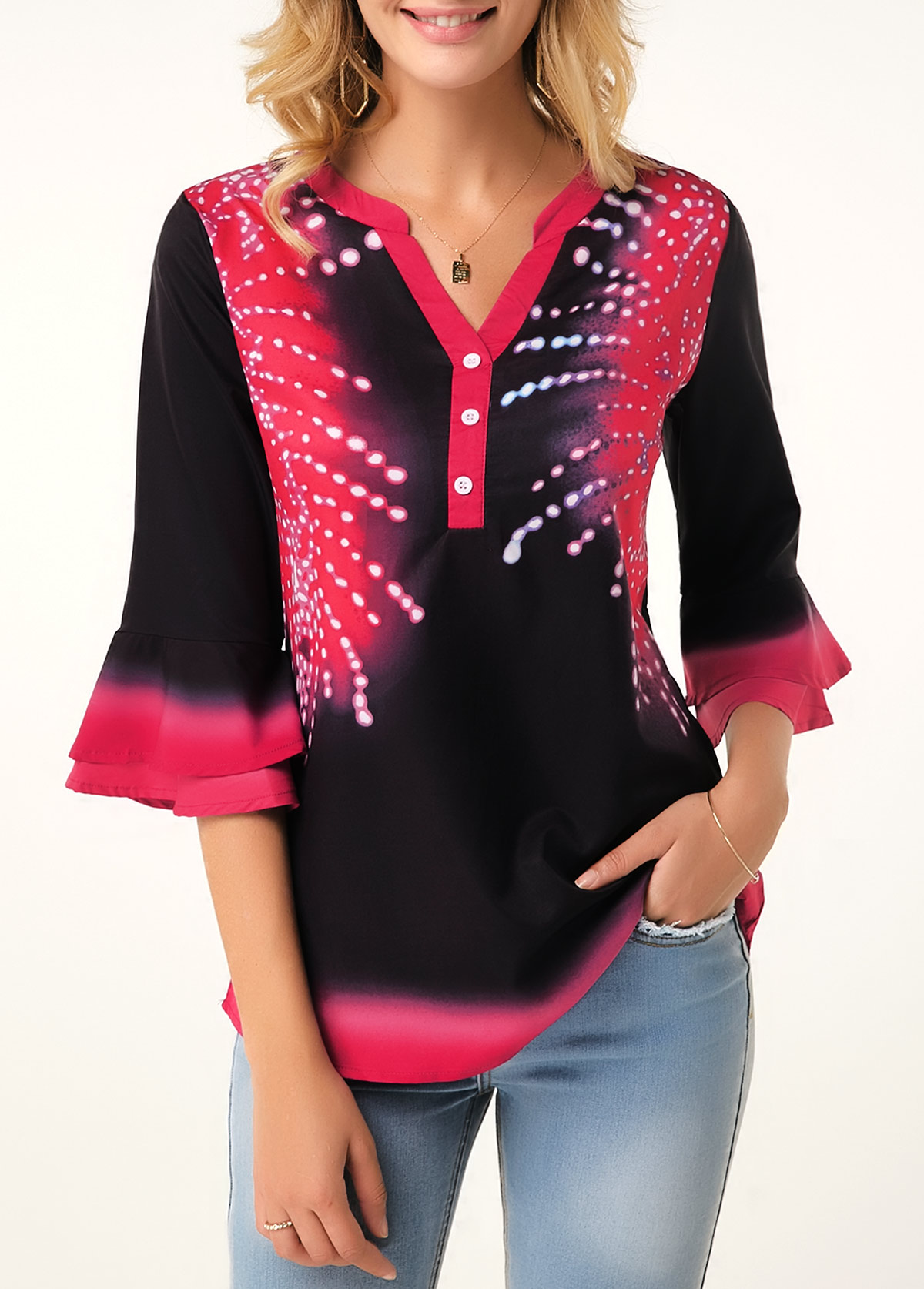 Printed Split Neck Flare Cuff Button Detail Blouse