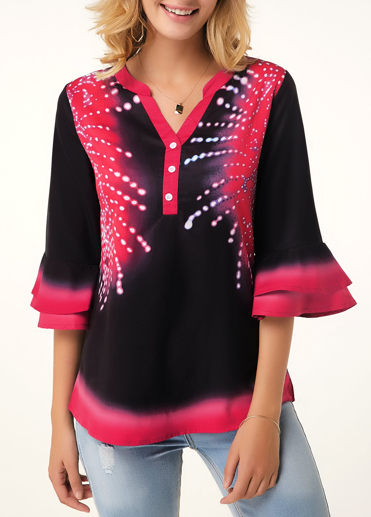 Printed Split Neck Flare Cuff Button Detail Blouse