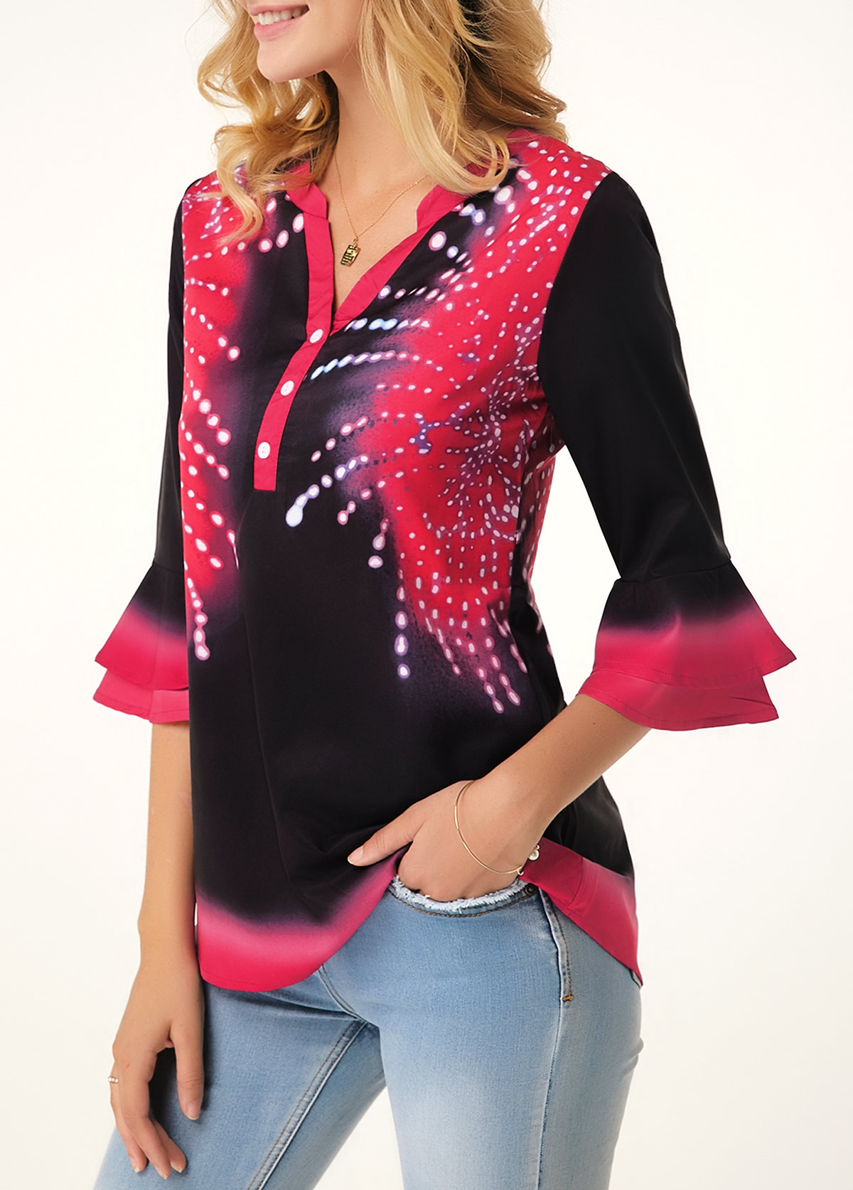 Printed Split Neck Flare Cuff Button Detail Blouse