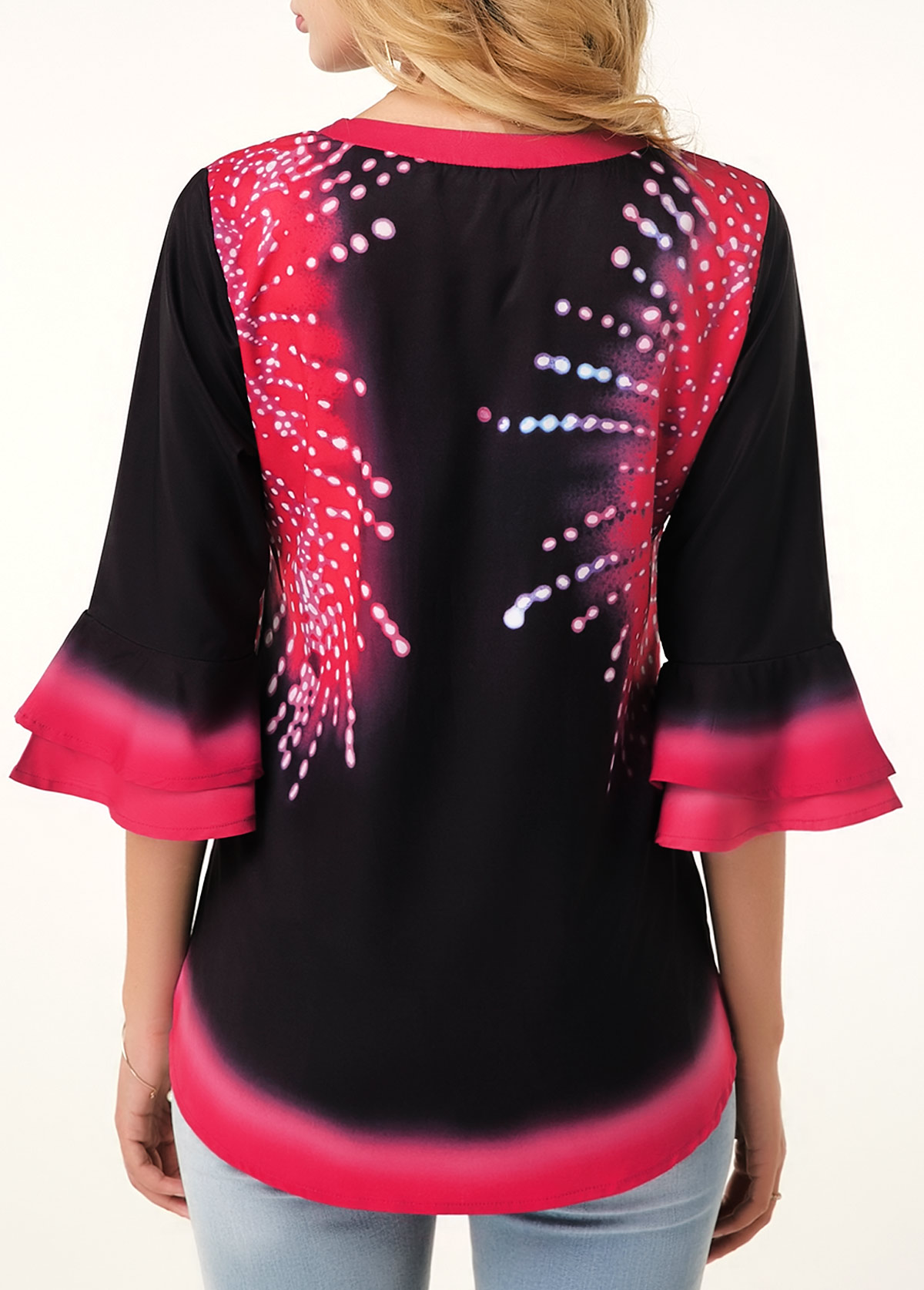 Printed Split Neck Flare Cuff Button Detail Blouse