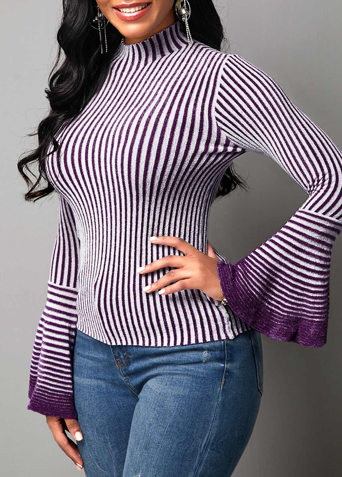 Stripe Pattern Flare Sleeve High Neck Sweater