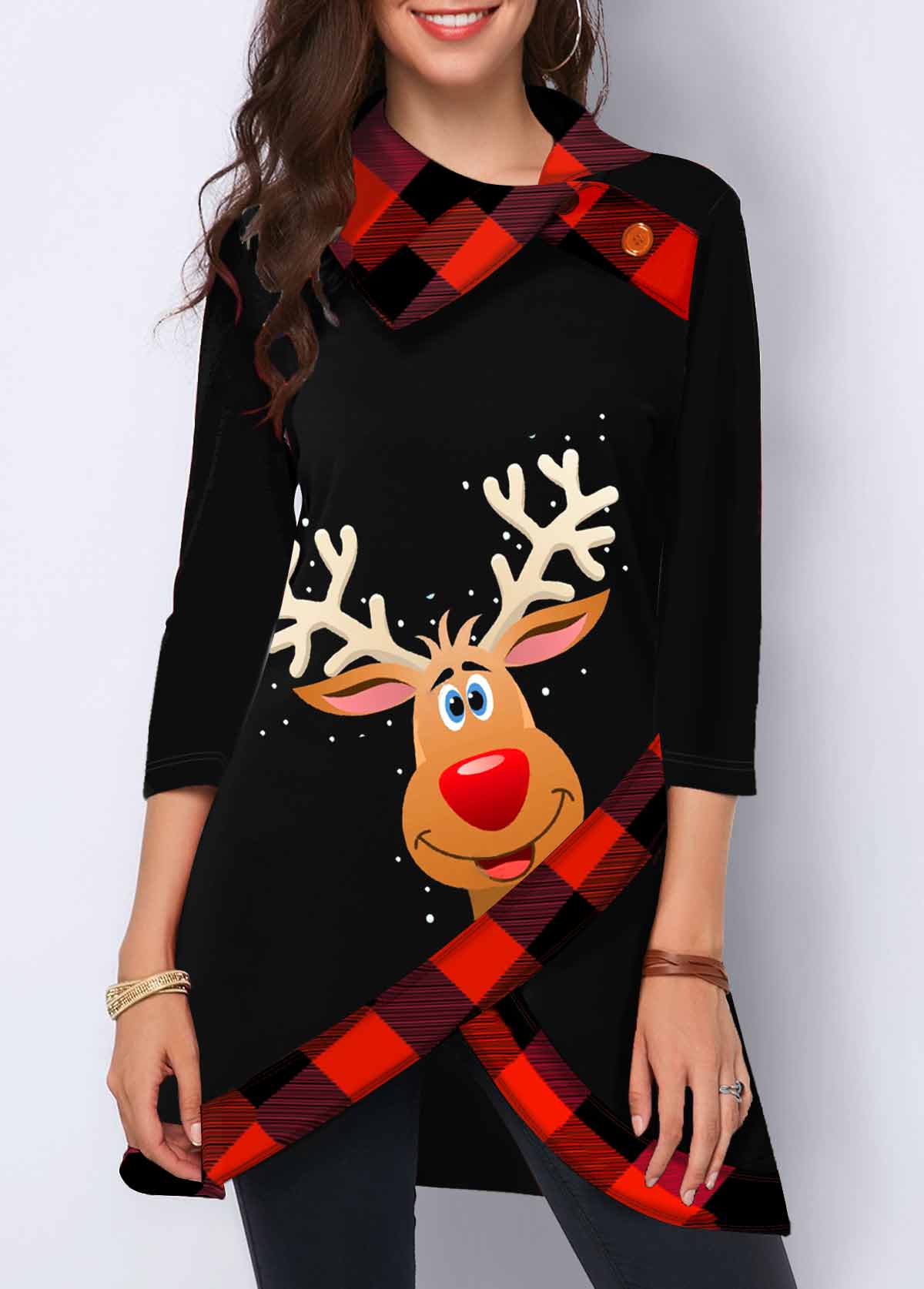 Button Detail Christmas Elk Print Crossover Hem Sweatshirt