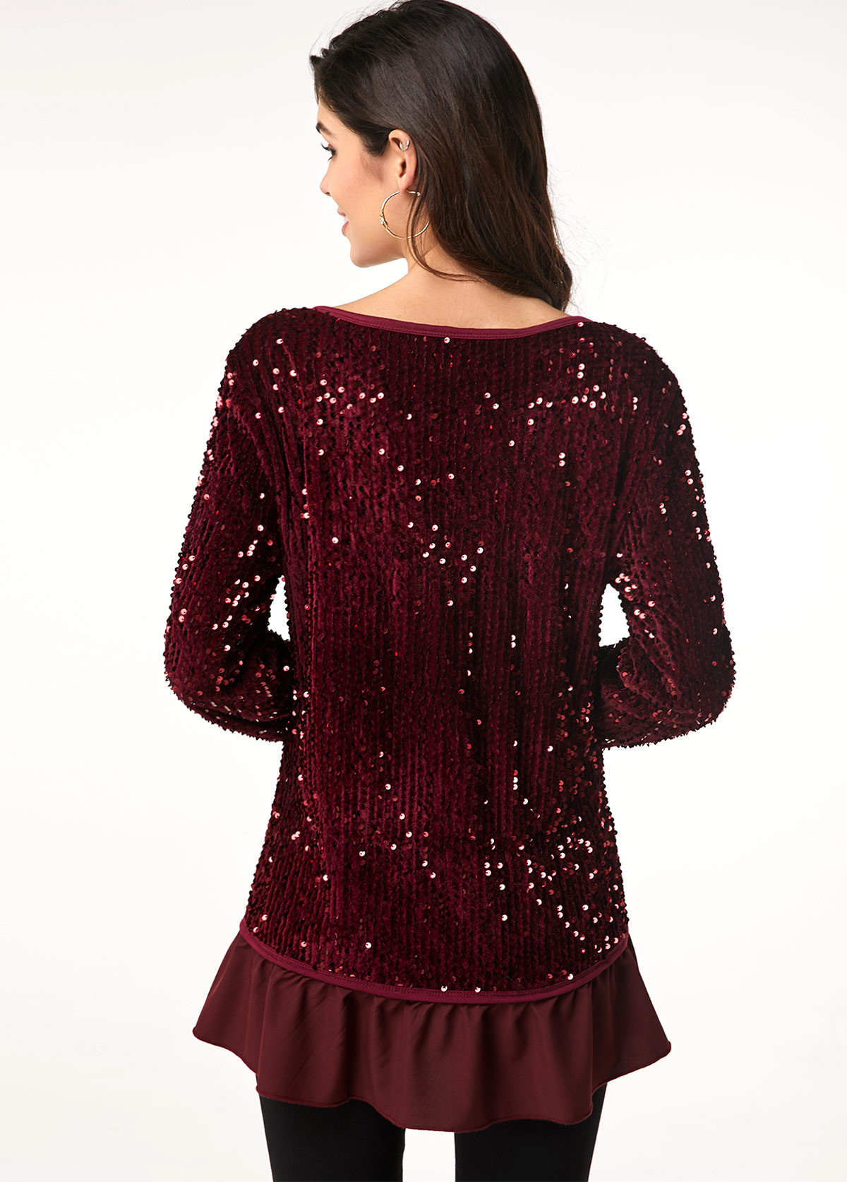 Button Detail Long Sleeve Sequin Embellished T Shirt