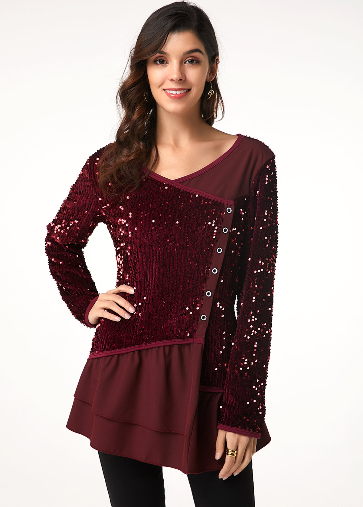 Button Detail Long Sleeve Sequin Embellished T Shirt