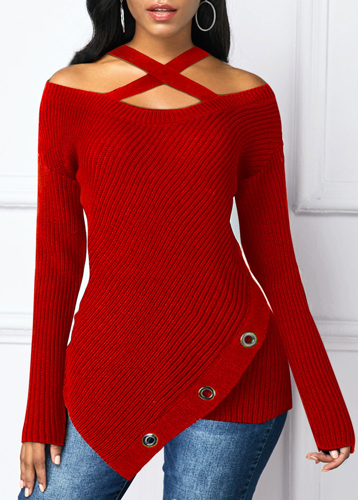 Cross Strap Asymmetric Hem Cold Shoulder Sweater