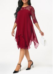 Chiffon Overlay Wine Red Three Quarter Sleeve Lace Dress