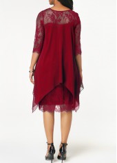 Chiffon Overlay Wine Red Three Quarter Sleeve Lace Dress