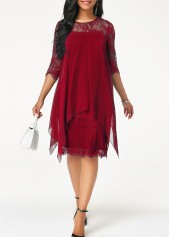 Chiffon Overlay Wine Red Three Quarter Sleeve Lace Dress