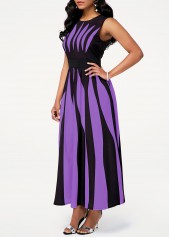 Round Neck Stripe Print Pocket Dress