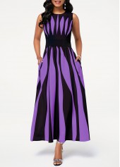 Round Neck Stripe Print Pocket Dress