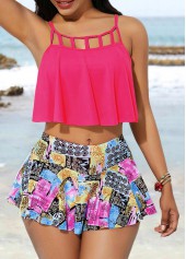 Printed Cage Neck Mid Waist Bikini Set