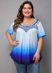 Short Sleeve Tribal Print Ombre Blouse