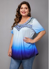 Short Sleeve Tribal Print Ombre Blouse