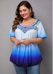 Short Sleeve Tribal Print Ombre Blouse