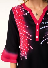 Printed Split Neck Flare Cuff Button Detail Blouse