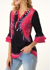 Printed Split Neck Flare Cuff Button Detail Blouse
