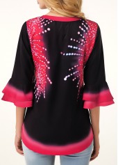 Printed Split Neck Flare Cuff Button Detail Blouse
