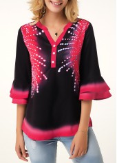 Printed Split Neck Flare Cuff Button Detail Blouse