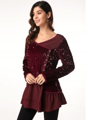 Button Detail Long Sleeve Sequin Embellished T Shirt