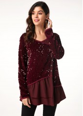 Button Detail Long Sleeve Sequin Embellished T Shirt