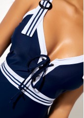 Navy Blue Lace Up Wide Strap One Piece Swimwear