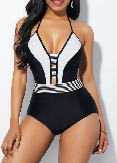 Women&apos;S Black And White Open Back One Piece Striped Swimwear Bathing Suit Color Block Halter Neck Padded Wire Free Swimsuit By Rosewe - L