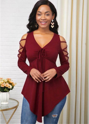 Rosewe Cold Shoulder Center Shirred Asymmetric Hem T Shirt - M