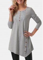 Button Detail Asymmetric Hem Light Grey T Shirt