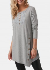Button Detail Asymmetric Hem Light Grey T Shirt