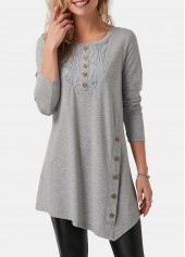 Button Detail Asymmetric Hem Light Grey T Shirt