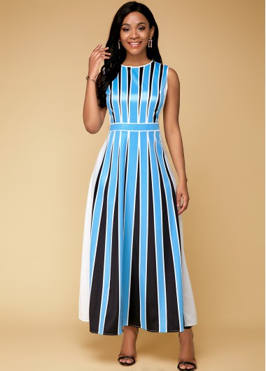 Rosewe Cocktail Party Dress Sleeveless Stripe Print Blue Maxi Dress - 16