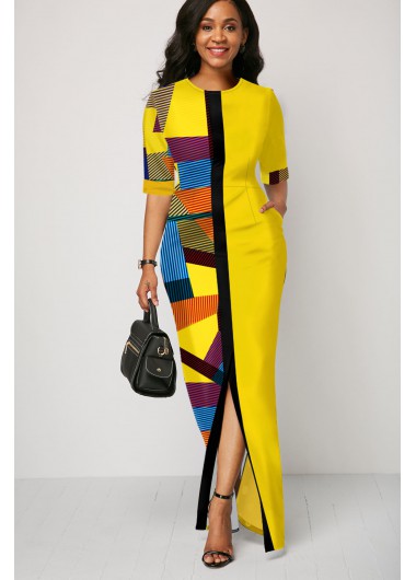 Women&apos;S Yellow Geometric Print Half Sleeve Sheath Spring Dress Maxi Vintage Elegant Dress By Rosewe - 10
