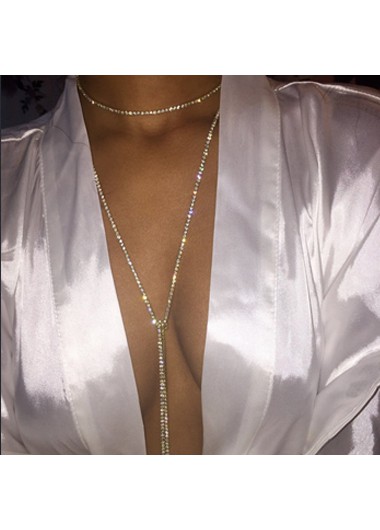 Rosewe Fashion Silver Metal Layered Rhinestone Decorated Necklace - One Size