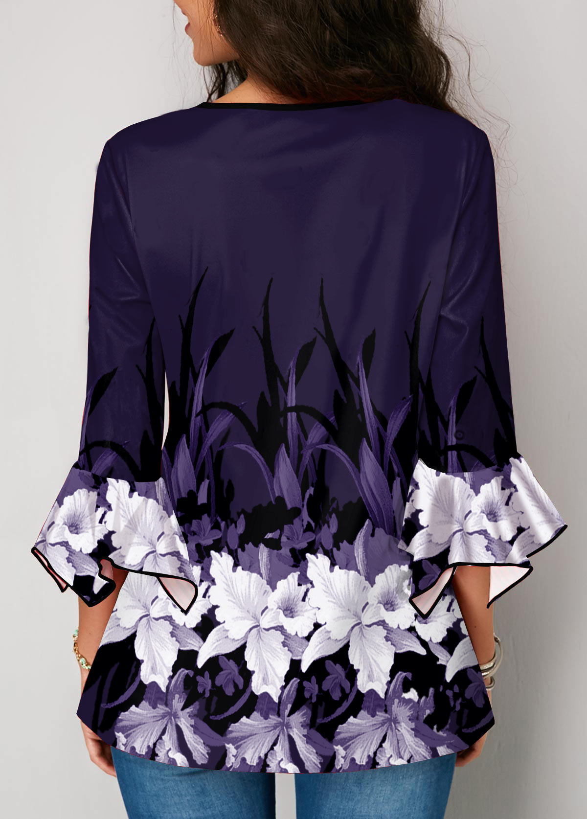 Crinkle Chest Flare Cuff Floral Print Blouse | Rosewe.com - USD $26.87