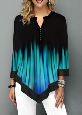 Floral Print Patchwork Cyan 3/4 Sleeve Split Neck Blouse