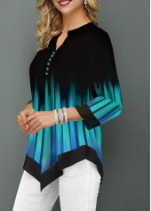 Floral Print Patchwork Cyan 3/4 Sleeve Split Neck Blouse