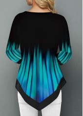 Floral Print Patchwork Cyan 3/4 Sleeve Split Neck Blouse